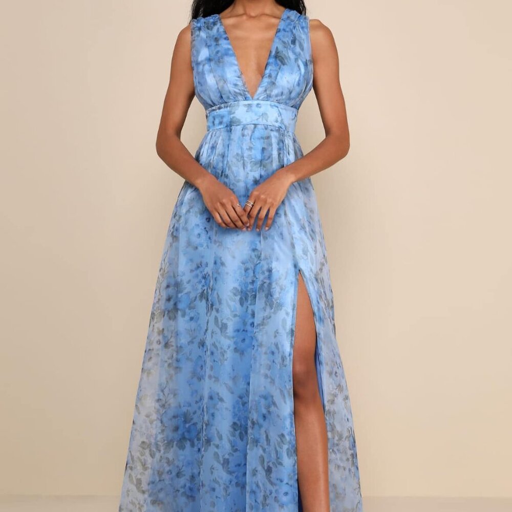NWT Lulus Garden of Passion Blue Floral Print Organza Maxi Dress - Size Medium